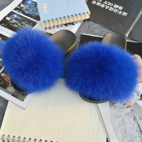 blue Женские тапочки из натурального Лисьего меха; милые летние пушистые туфли с натуральным лисьим мехом; Роскошные брендовые сандалии на плоской подошве с натуральным лисьим мехом - Цвет: blue