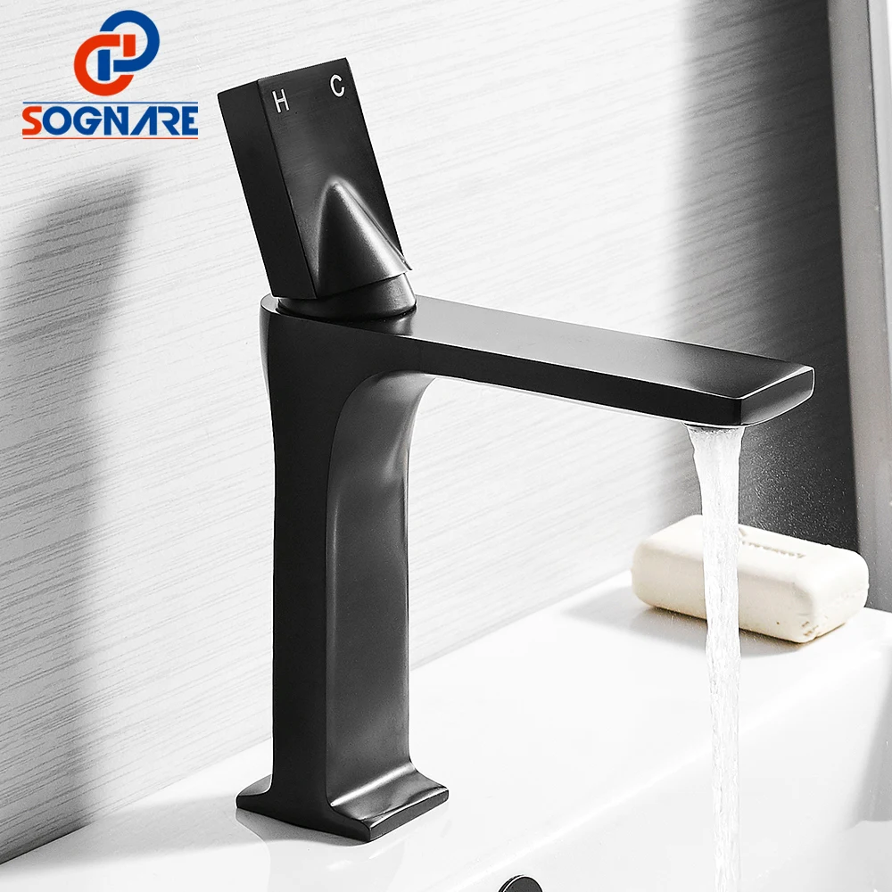 

SOGNARE Black Contemporary Bathroom Faucet Single Handle Deck Mounted Waterfall Water Tap Cold Hot Basin Mixer for Bathroom Taps