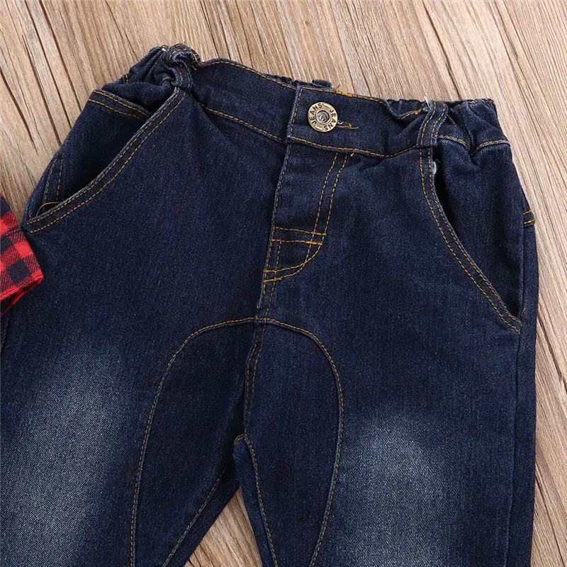Kids Baby Boy Clothes Set Newborn Gentleman Outfit 2pcs Toddler Long Sleeve Plaid Bodysuit+Jeans Infant Formal Wedding Suits