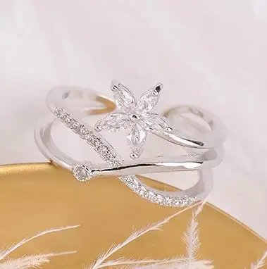 silver color Новинка, кольца для женщин, Сияющий циркон, цветок, крест-накрест, Открытое кольцо, регулируемое ювелирное изделие, розовое золото/серебро - Main Stone Color: silver color