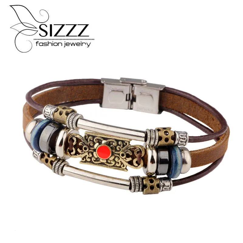 Размер 21 см длинный черный/коричневый цвет ретро вязаный кожаный браслет из