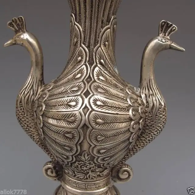 Старая ручная работа медная тибетская Серебряная резная ваза с павлином