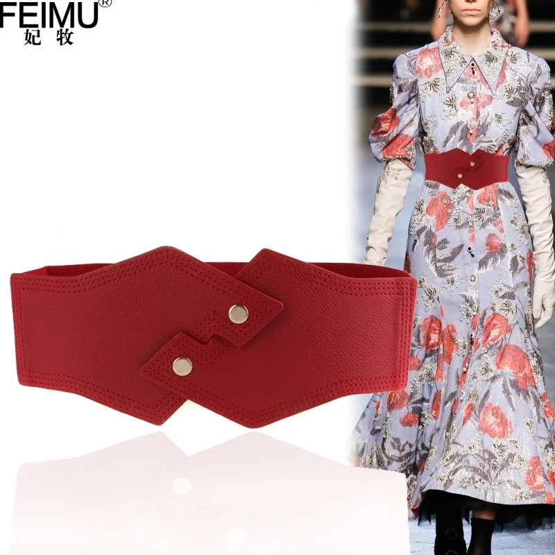 

Lady Fashion Leather Waist Belt Girls Dress Decorate Wide Belt Button Adornment Waistbelt Elastic Top Accessories B-9030