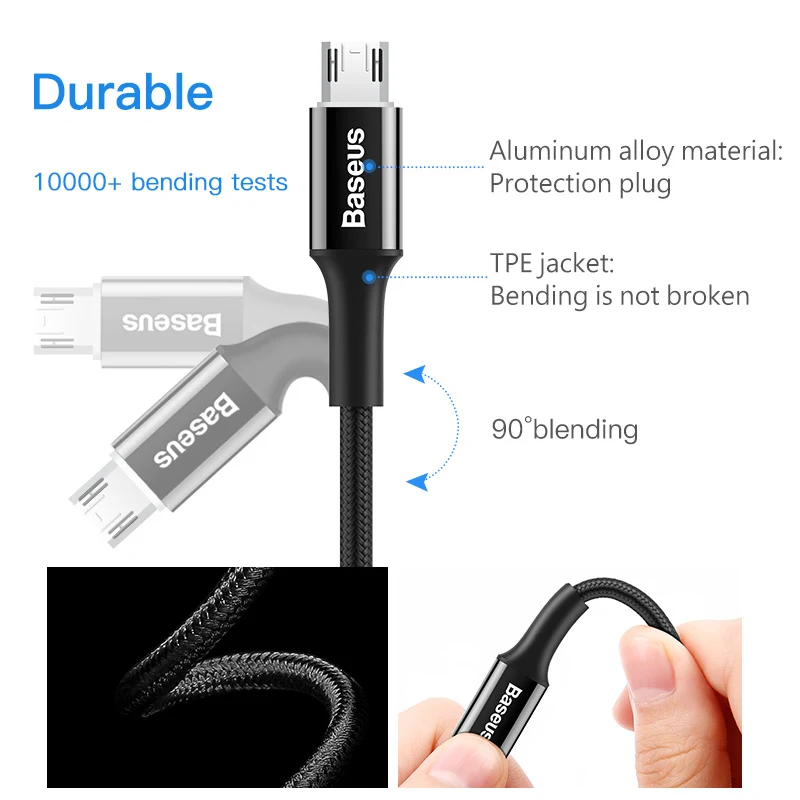 Baseus Реверсивный кабель Micro USB для Samsung S7 LED освещение зарядный Xiaomi Redmi 4X Note 4