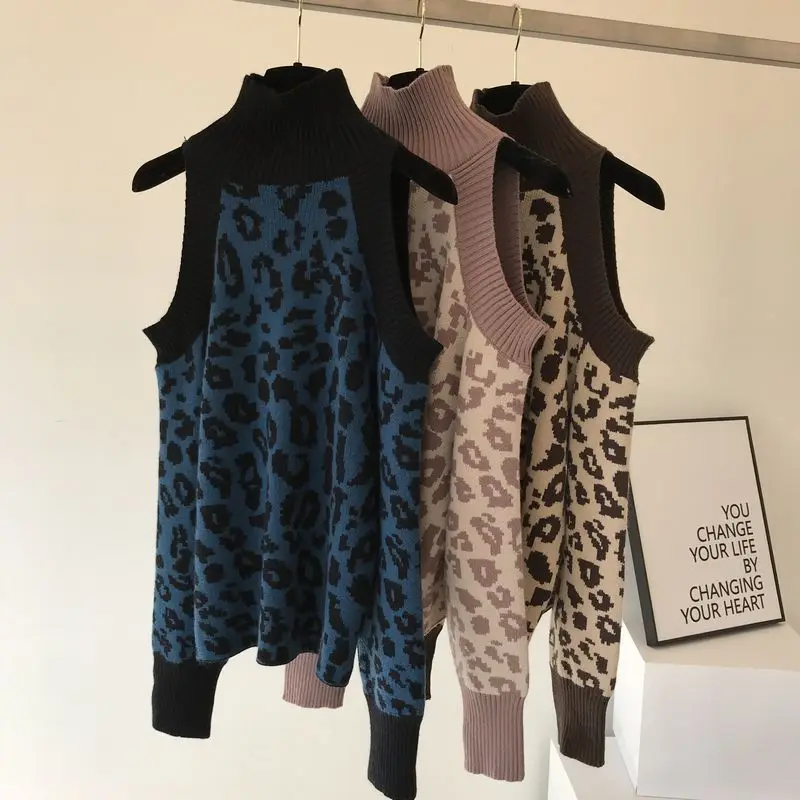 Amolapha Women Off Shoulder Leopard Print Turtleneck Knitted Sweater Jumper Tops Woman Fashion Sweaters Costumes | Женская одежда