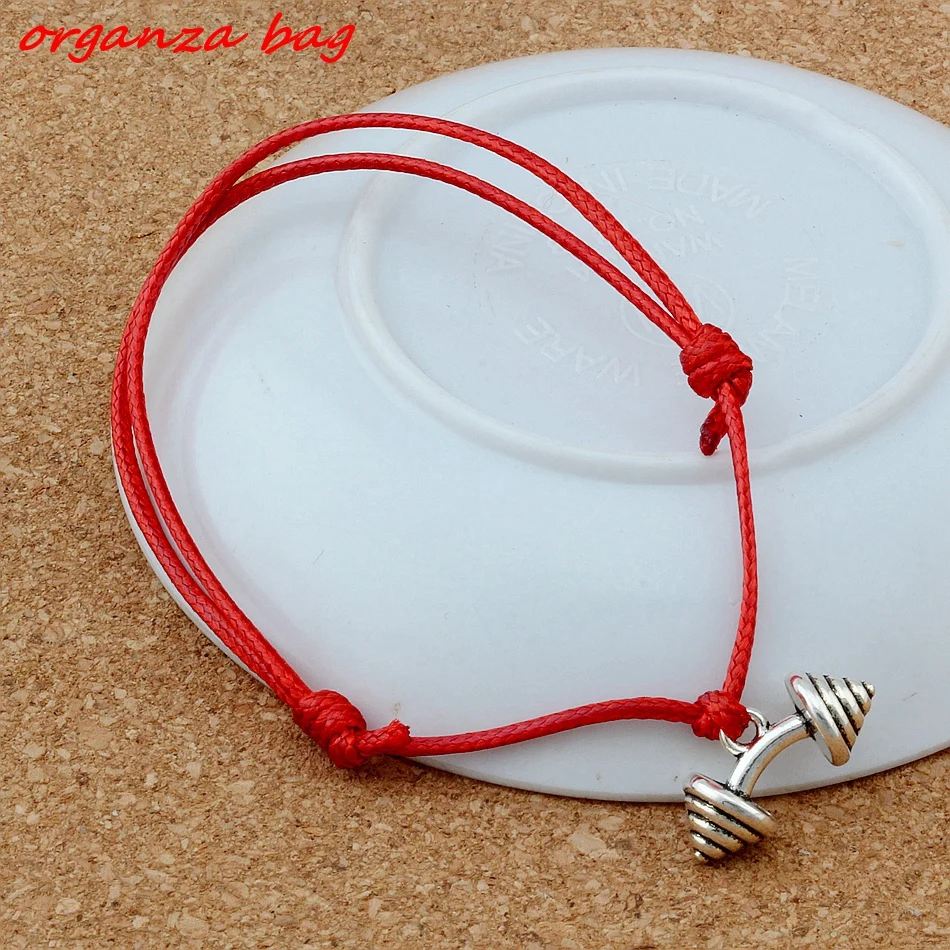 

Hot ! 2pcs Adjustable Bracelets Alloy BARBELL weightlifting Charms Adjustable Red Waxes rope Bracelet A-126c