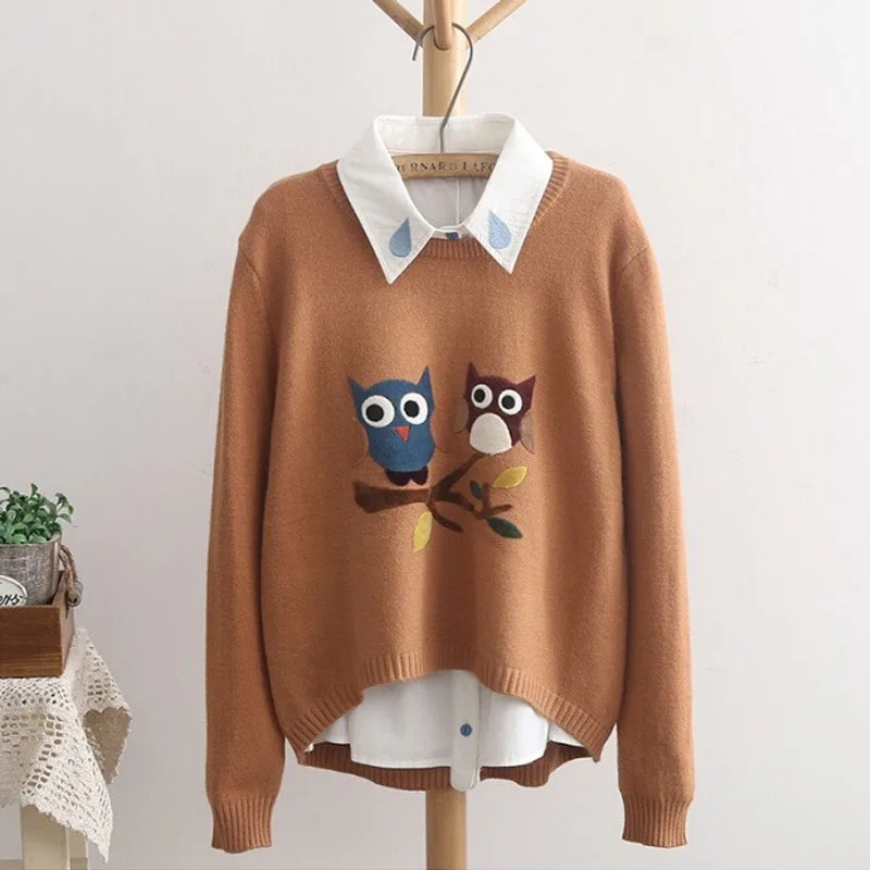 Autumn Winter Women Long Sleeve Round Neck Owl sweater Pattern Casual Pullover Slim Sweaters Girls Pullovers knitted warm Top | Женская