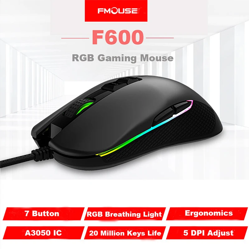 F600, проводная, 5000 dpi, настраиваемая, 7 цветов, RGB, светодиодный, с подсветкой, дышащая, USB, эргономичная оптическая игровая мышь, геймер, для ПК, ноутбука, компьютера