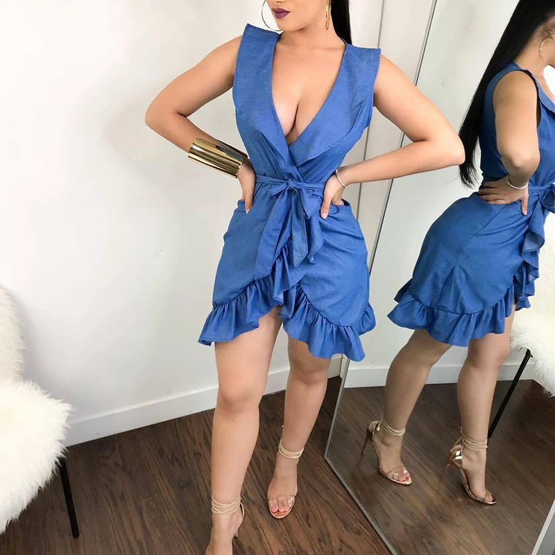 New Women Sexy V-neck Slim Fit Sleeveless Lace-Up Ruffled Summer Evening Party Club Mini Dress | Женская одежда