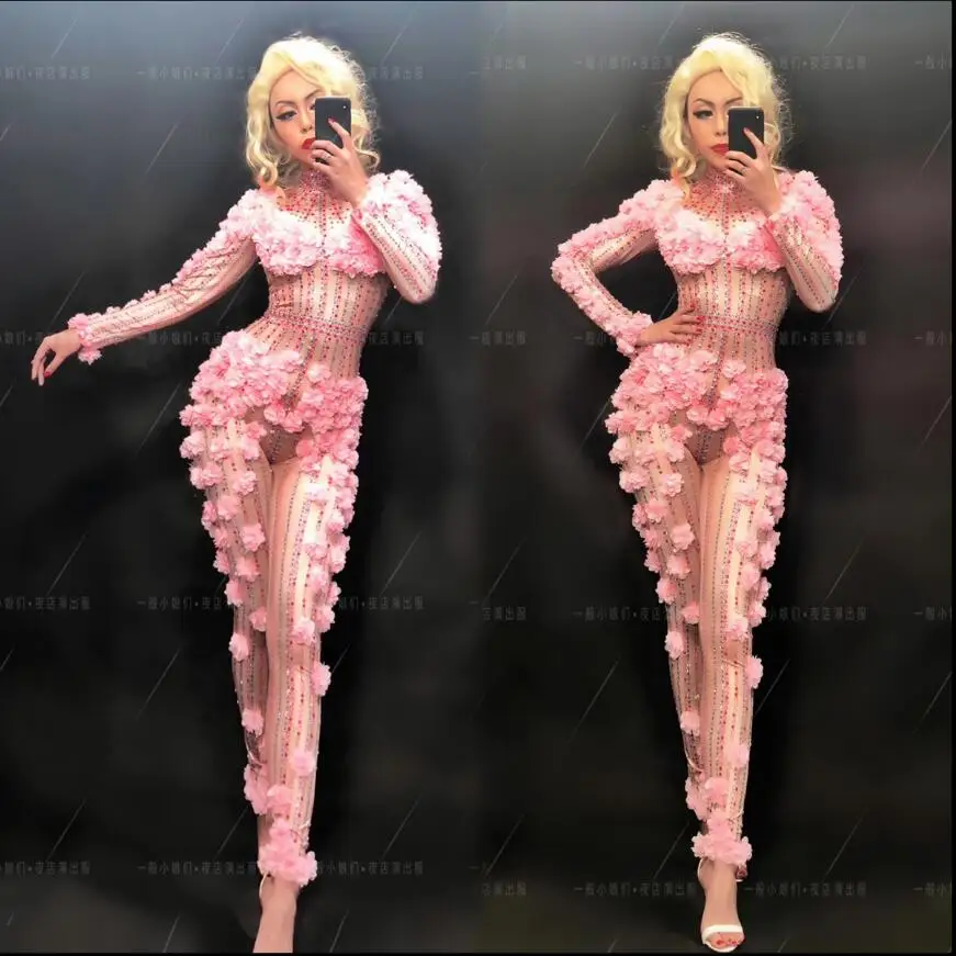Women Jumpsuits Rompers Sexy Dj Pink Flower Bodysuit One-piece Evening Party Wear Female Singer Stage Performance Costumes
