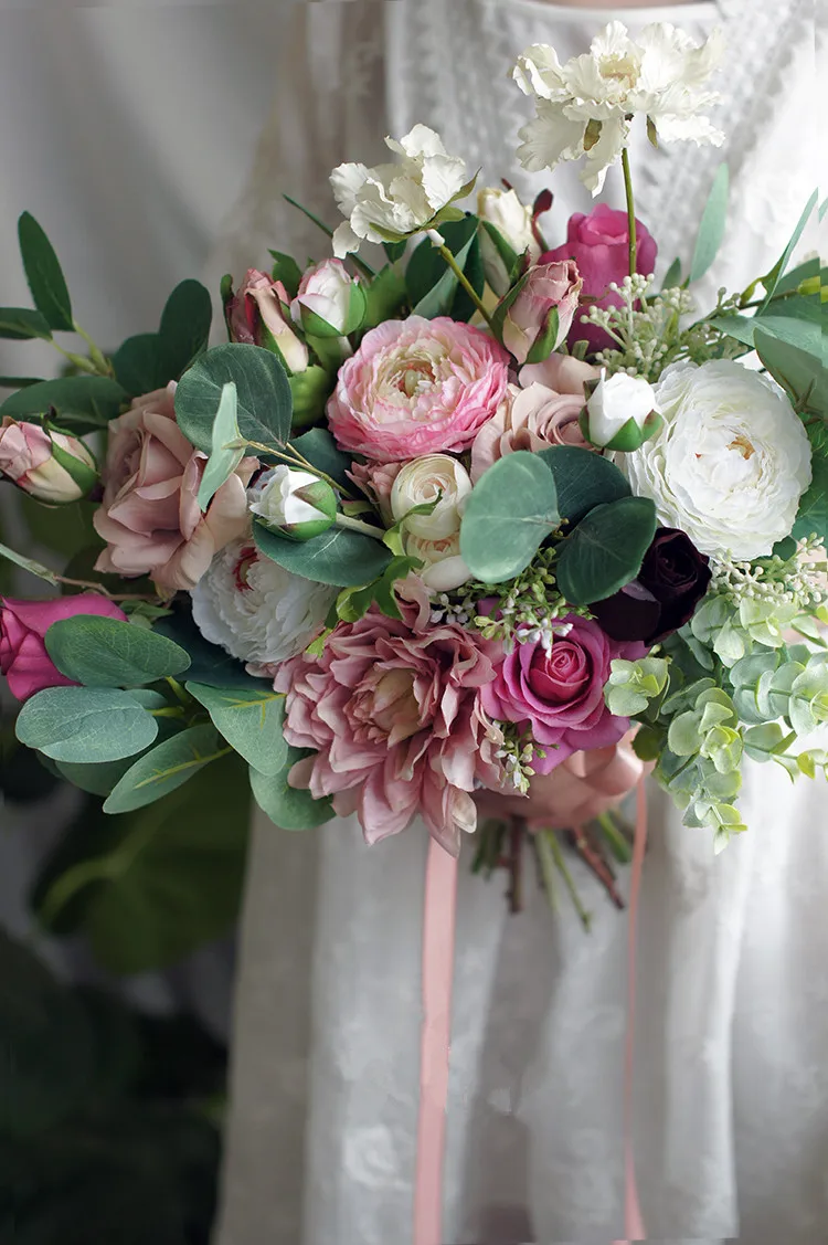 Романтические свадебные букеты jaevini розовые шелковые цветы зеленые листья