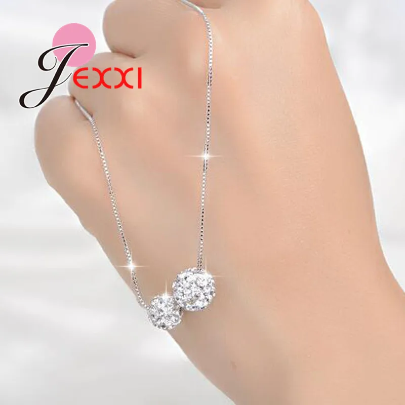 Женская подвеска с 2 шариками элегантная Серебряная цепочка фианитом свадебное