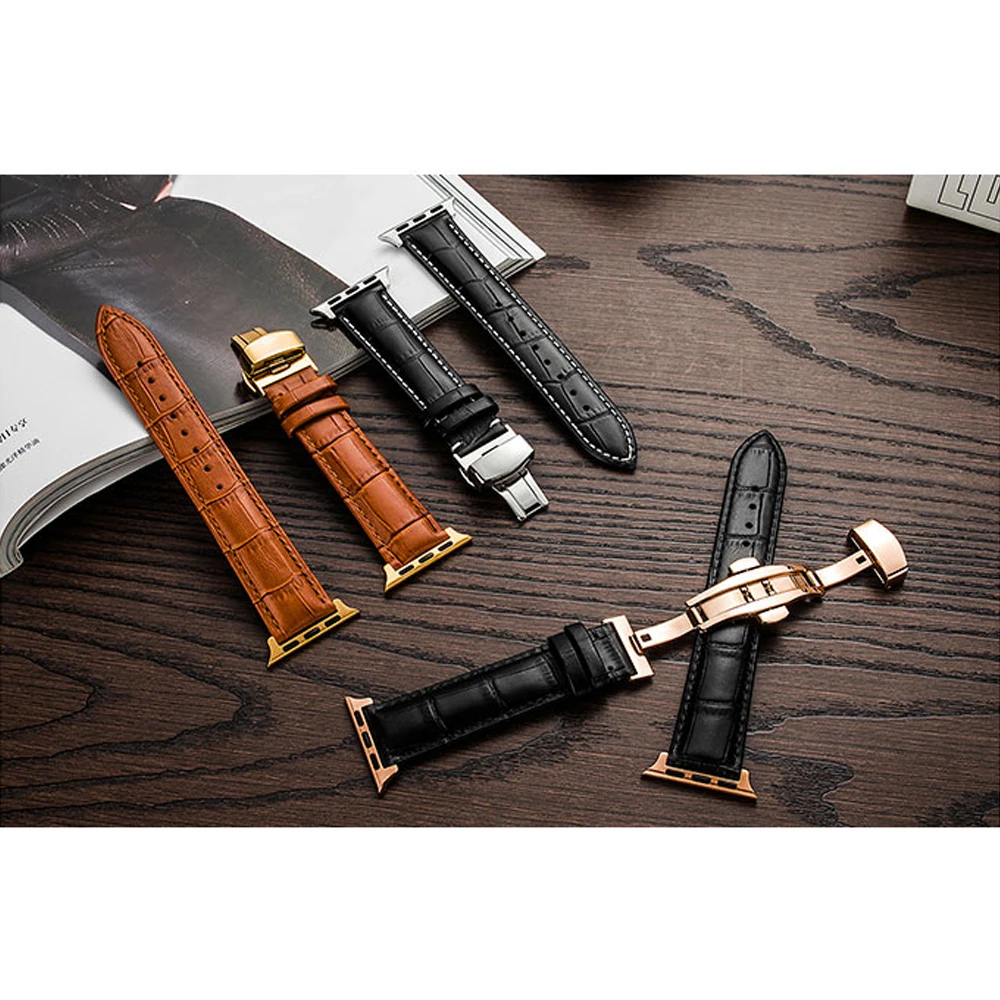 

CRESTED Leather strap For Apple watch band 4 44mm 40mm Butterfly buckle bands Iwatch series 3 2 1 42mm 38mm bracelet wrist belt