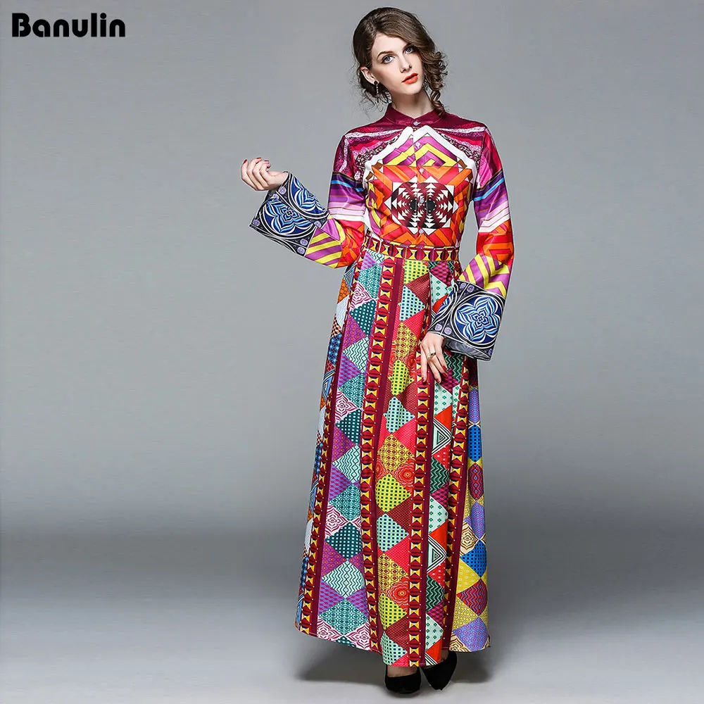 Banulin, высокое качество, новинка, осенняя мода, подиум, макси платья, женские, длинный рукав, с принтом, племя, винтажное, длинное, Великолепное платье