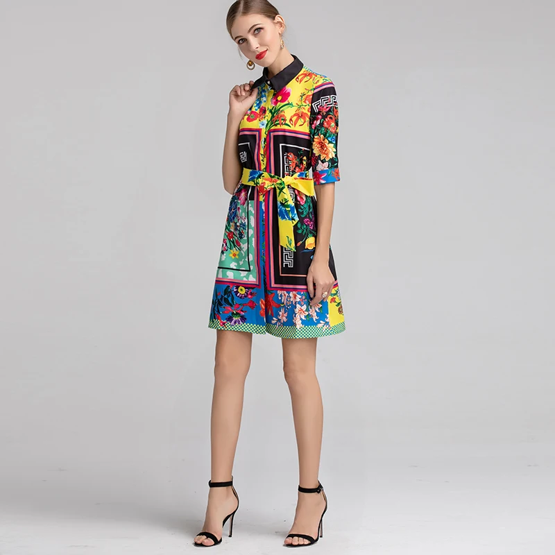 XF Bohemian 2019 модные дизайнерские с отворотом рукавом 1/2 цветочный принт + пояс летние