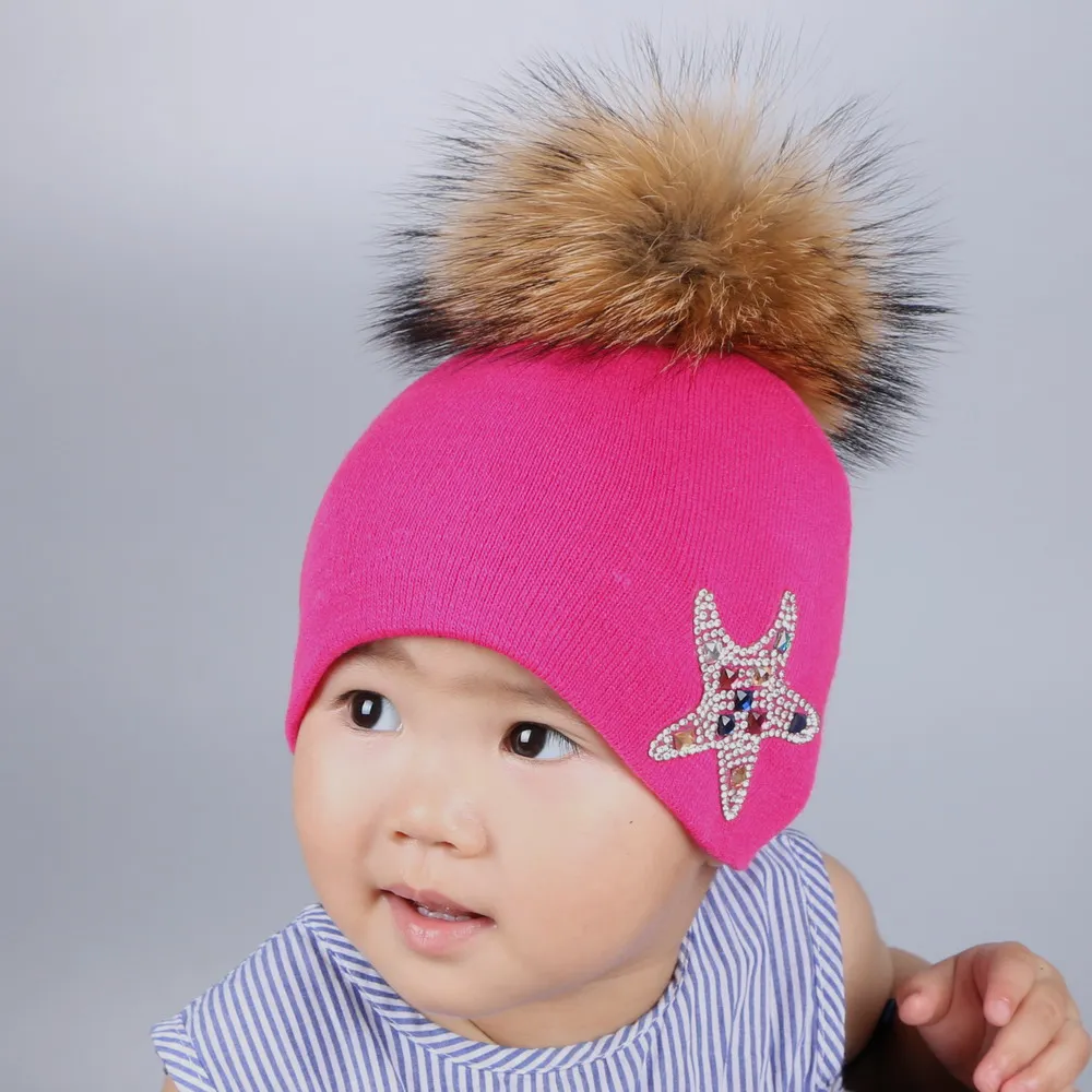 Оптовая продажа детская зимняя шапка с норки помпоном Skullies тепло хлопка фуксия