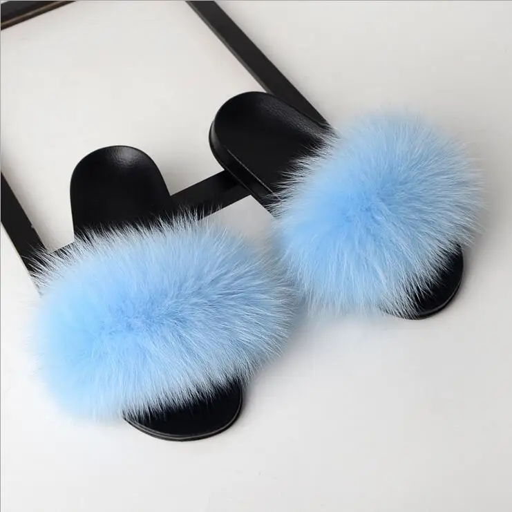 Light Blue Тапочки с лисьим мехом; женские пушистые домашние ползунки; плюшевый мохнатый цвет; Летняя обувь на плоской подошве; Милая женская обувь; большие размеры 45; Лидер продаж; Милые Pantufas - Цвет: Light Blue