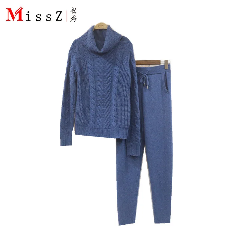 

Europe and the United States autumn and winter new high-neck cashmere sweater feet trousers suit thickening sweater two-piece