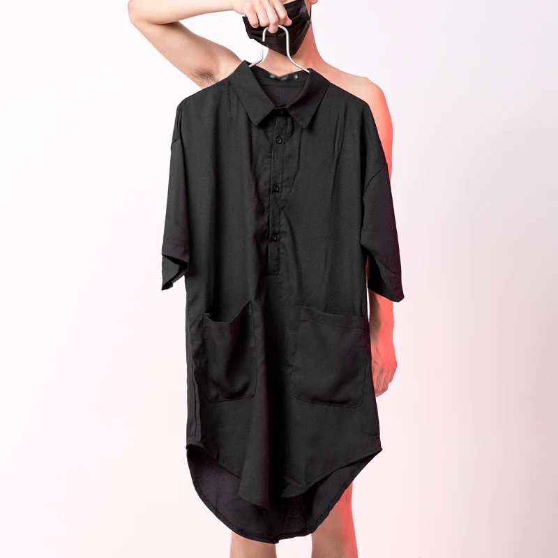 Мужская Летняя длинная рубашка с карманами черная рукавом до локтя | одежда