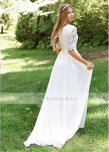 Классическое с круглым вырезом Дешевое кружевное свадебное платье шифоновая