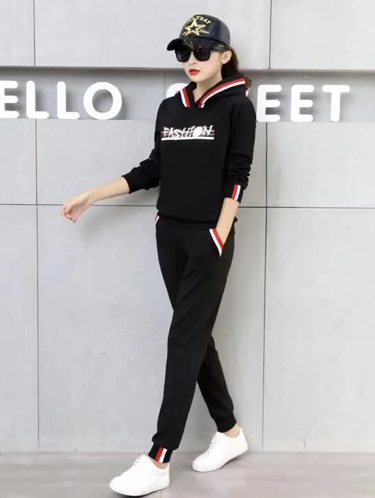Women Autumn Sportswear New Fashion Two Pieces Set Striped Hooded Tops+Long Pants Leisure cotton sets
