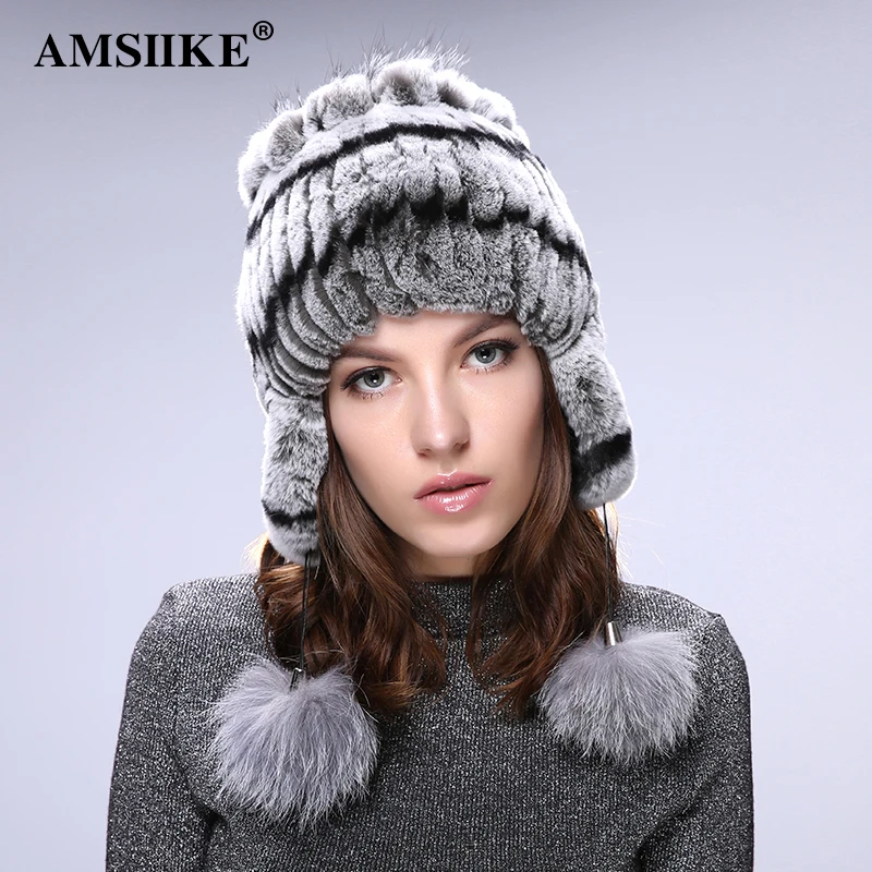 AMSIIKE Женская Шапка из бобра с бубонами чернобурки TM706|bomber hat|knit bomberrabbit cap |
