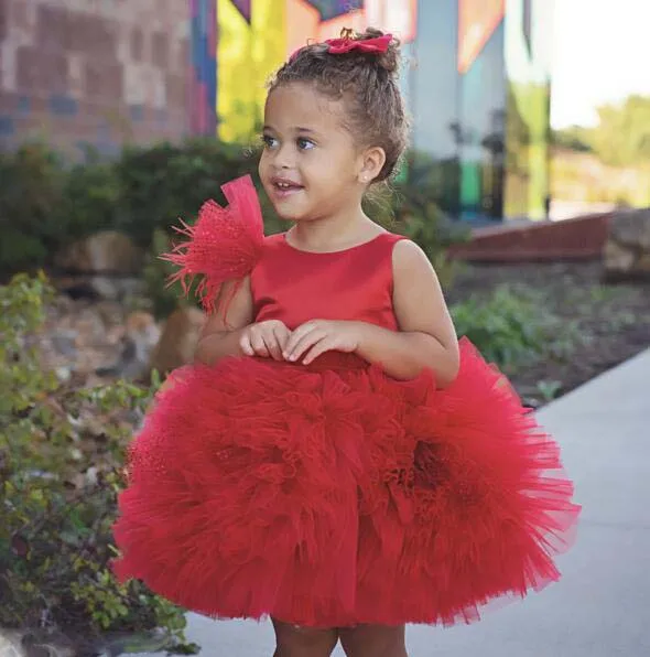 Red short Puffy tulle Ruffles flower girl dresses for party Christmas knee length sleeveless baby infant tutu 1st birthday gown | Детская