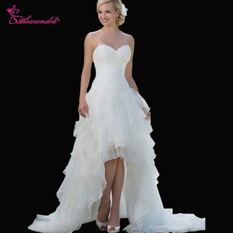 

Alexzendra A Line Sweetheart High Low Wedding Dresses Organza Appliques Short Front Long Back Bridal Gowns Customize