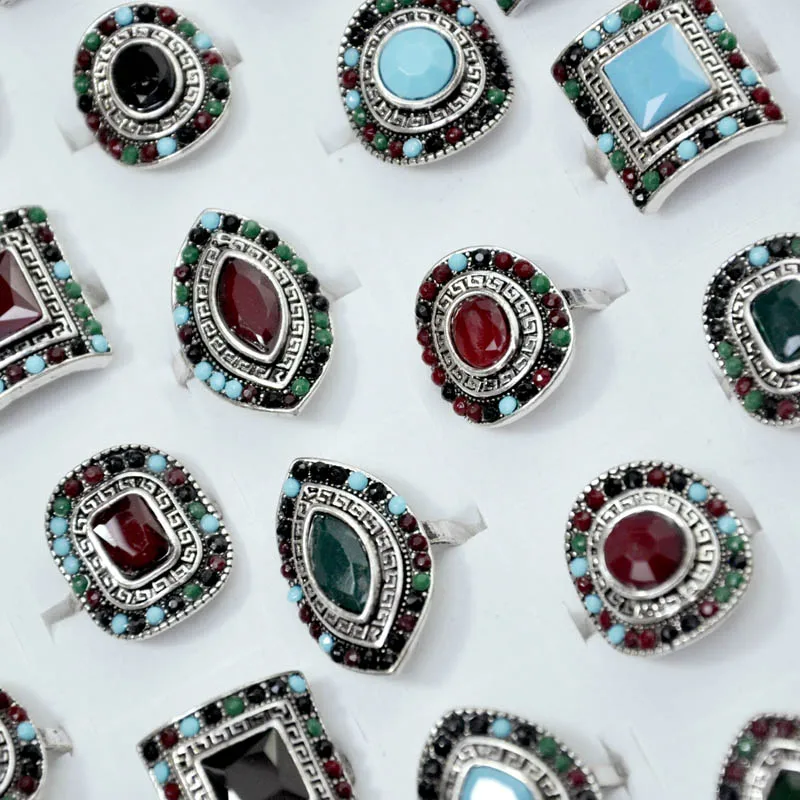 

10Pcs Vintage Retro Rhinestone Ancient Silver Color Women Ring lot female anel Jewelry Lots Top quality LR4051