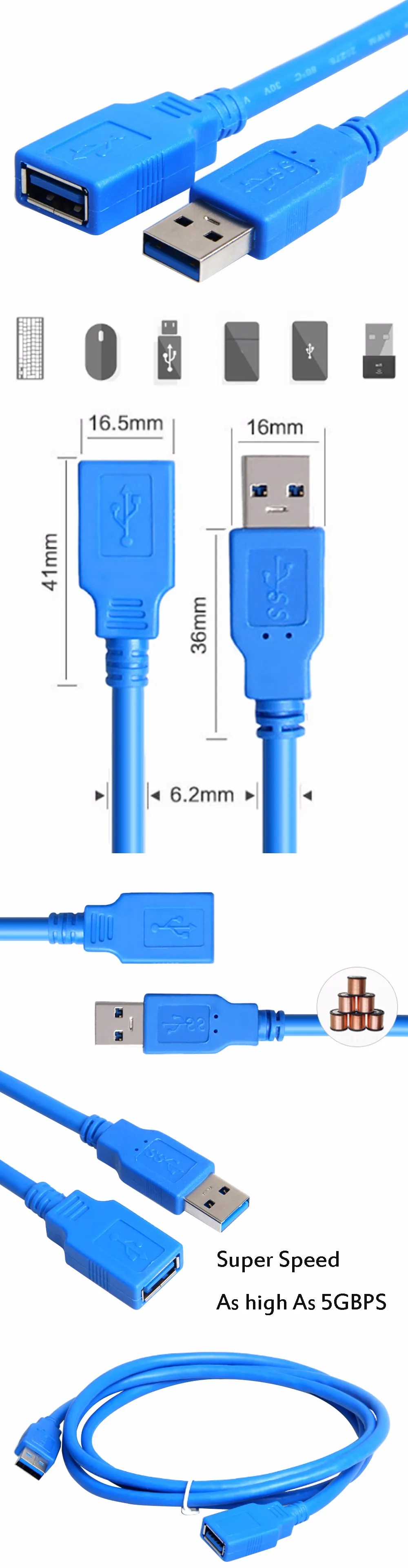 Perlinta супер Скорость USB3.0 Тип «Папа-папа» женский устройства для передачи данных и зарядки кабель-удлинитель 0,5 м, 1 м, 1,5 м