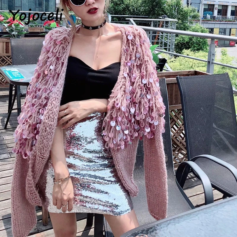 Yojoceli chic 2018 осень witner Блестки bling вязаный свитер Открыть стежка ручной работы