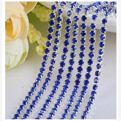 Sapphire blue 1 ярд/шт, 30 цветов, стеклянные хрустальные стразы на цепочке, Серебряное дно, Пришивные цепочки для рукоделия, украшения сумок для одежды - Цвет: Sapphire blue