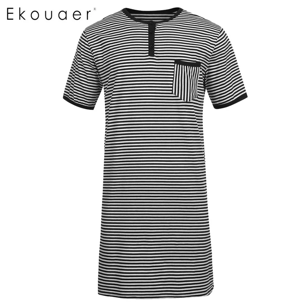 Ekouaer, Мужская Хлопковая пижама, топ, рукав реглан, ночная рубашка, пэчворк, длинная, легкая, полукнопка, свободная Пижама, повседневные топы для сна