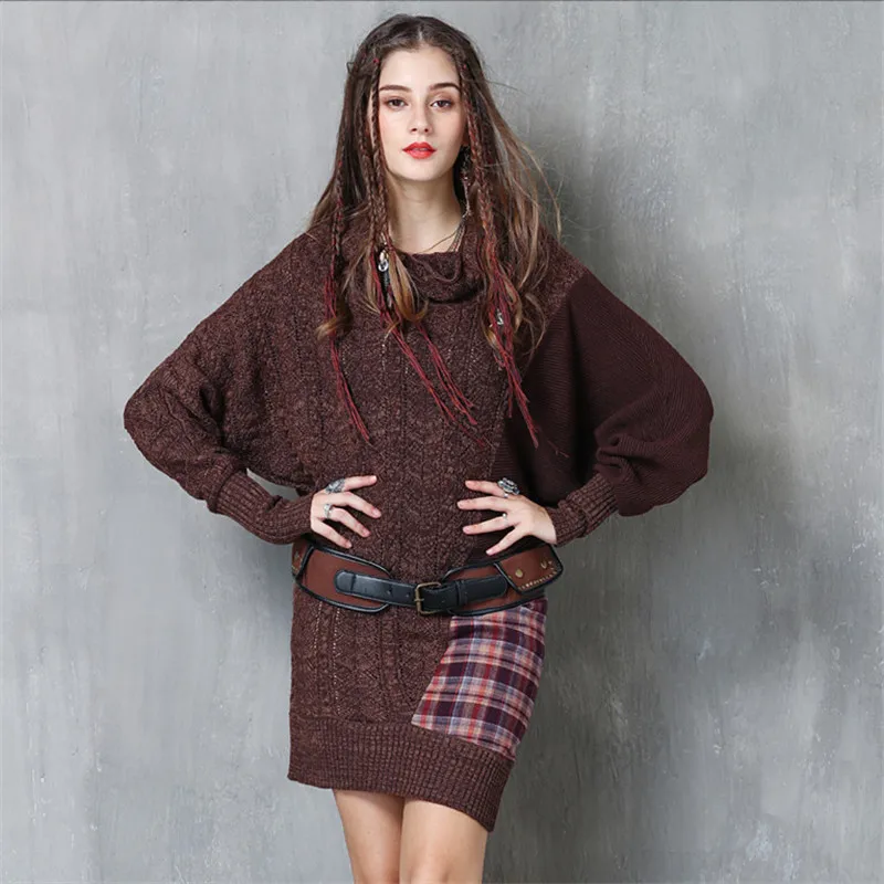 

Vintage Thick Sweater Dress 2017 Winter Knitted Warm Dresses Loose Long Sleeve Lady Bodycon Dresses Patchwork Vestidos