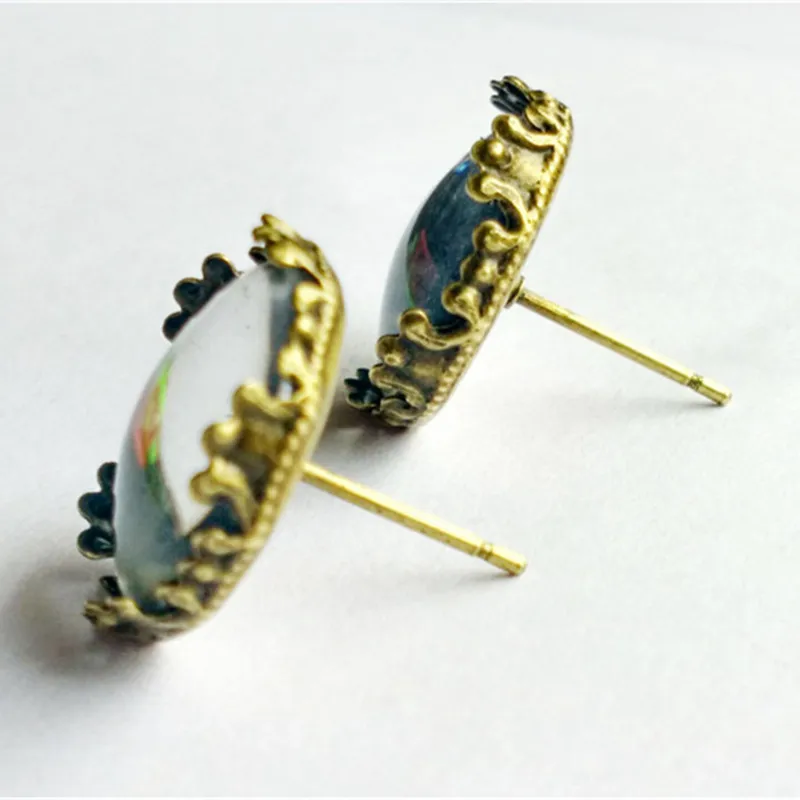 Золотые серьги-гвоздики с короной для женщин Стеклянные Кабошоны круглые