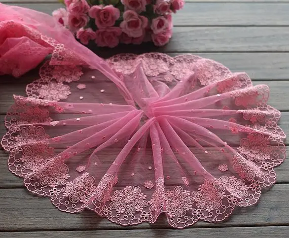 2 ярда кружевная отделка Цветочная вышивка розовый тюль 7 48 дюйма широкий высокое