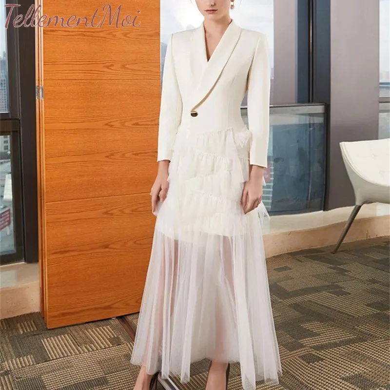 Женские платья Maxi Mesh Patchwork с отворотом длинными рукавами элегантный Блейзер