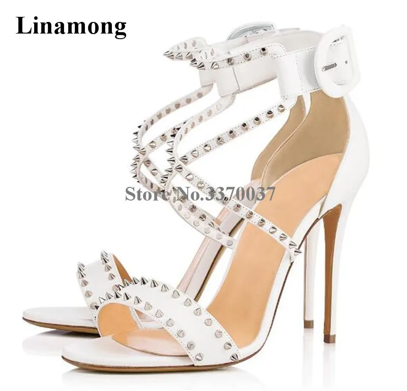 

Linamong Brand Style One Strap Rivet Thin Heel Gladiator Sandals Strap Cross Ankle Buckle White High Heel Sandals Dress Shoes