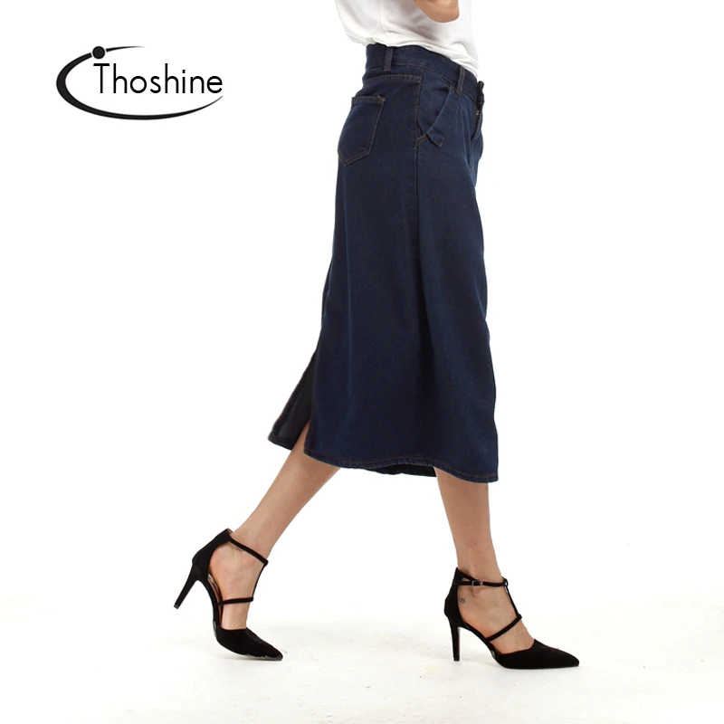 Бренд thoshine 2018 Летний стиль Для женщин Джинсовые юбки разрез сзади женские темно