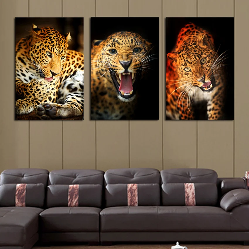 Без рамки животное 3 панели большой HD желтый картина с леопардом печать живопись