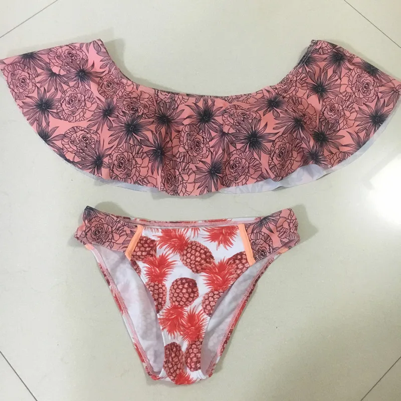 Женский купальник без бретелек розовый дерзкий красный ананасовый с большими