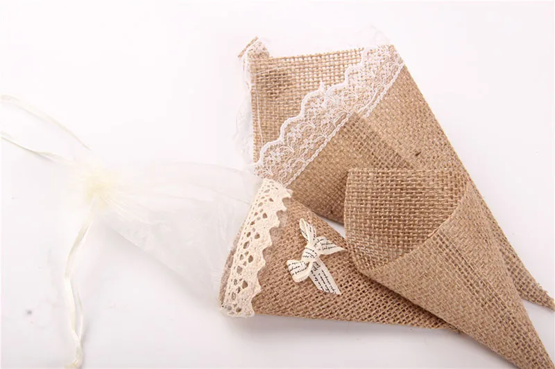 10 шт./лот, мешковина, джут, Hessian Pew, конус, держатель для цветов, Рождество, деревенский стиль, свадебные украшения в винтажном стиле