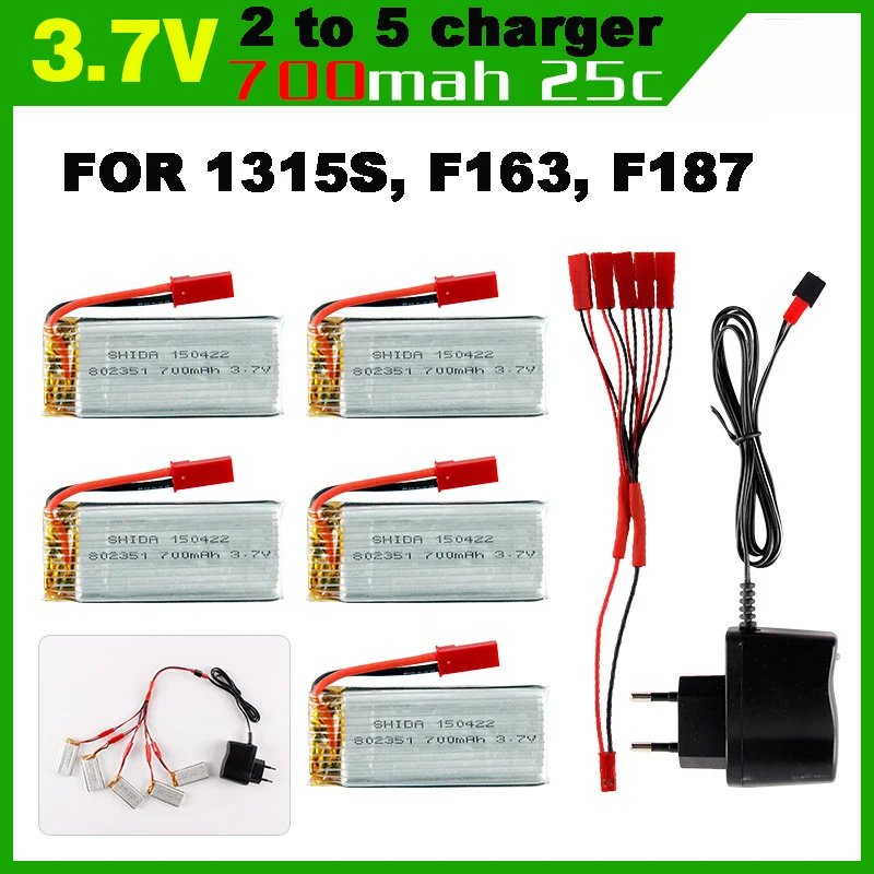 

5pcs 3.7V 700MAH Lipo Battery with JST 1 to 5 Battery Charger for SkyHawkeye 1315S F163 F187 JXD 509G 509V 509W / H12C