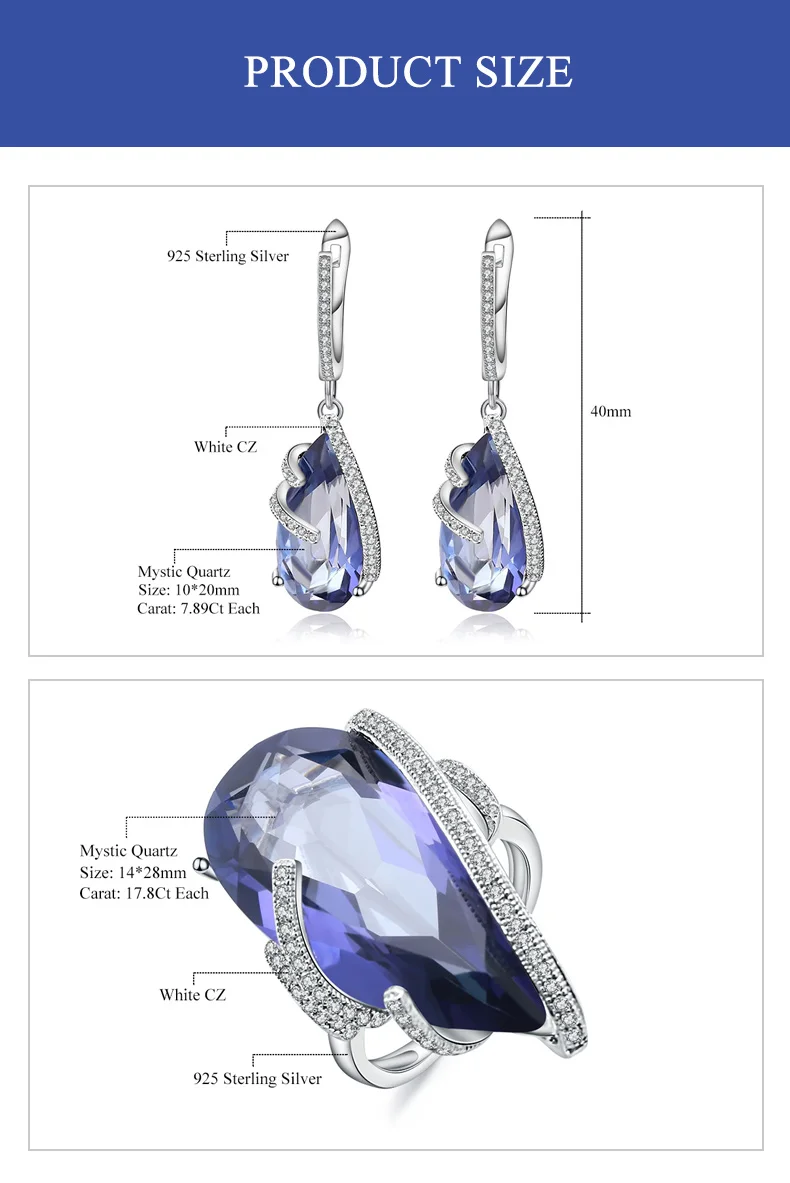 GEM'S балетные 925 пробы серебряные модные серьги набор колец натуральный иолит синий мистик кварц капли воды Ювелирные наборы для женщин