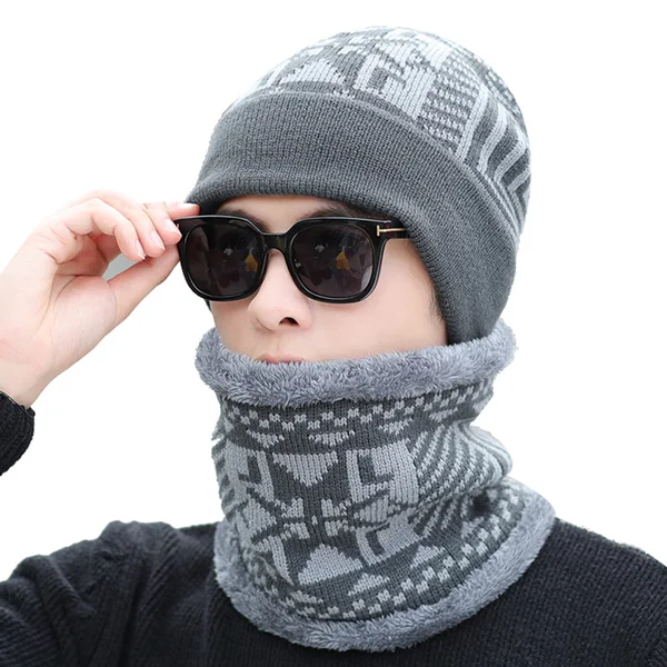 gray set YOUBOME бренд Skullies Beanies Мужская вязаная шапка зимние головные уборы для мужчин и женщин шарф теплый шею толстый мужской кольцо зимняя шапка - Цвет: gray set
