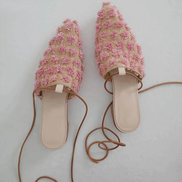

Dilalula Pink Flower Casual Slippers Women Pointed Toe Flower Women Mules Lace Up Low Heels Shoes For Women Luxury Party Shoes