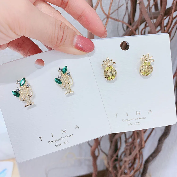 Корейские милые кактус сережки в виде ананасов для женщин CZ Кристалл завод