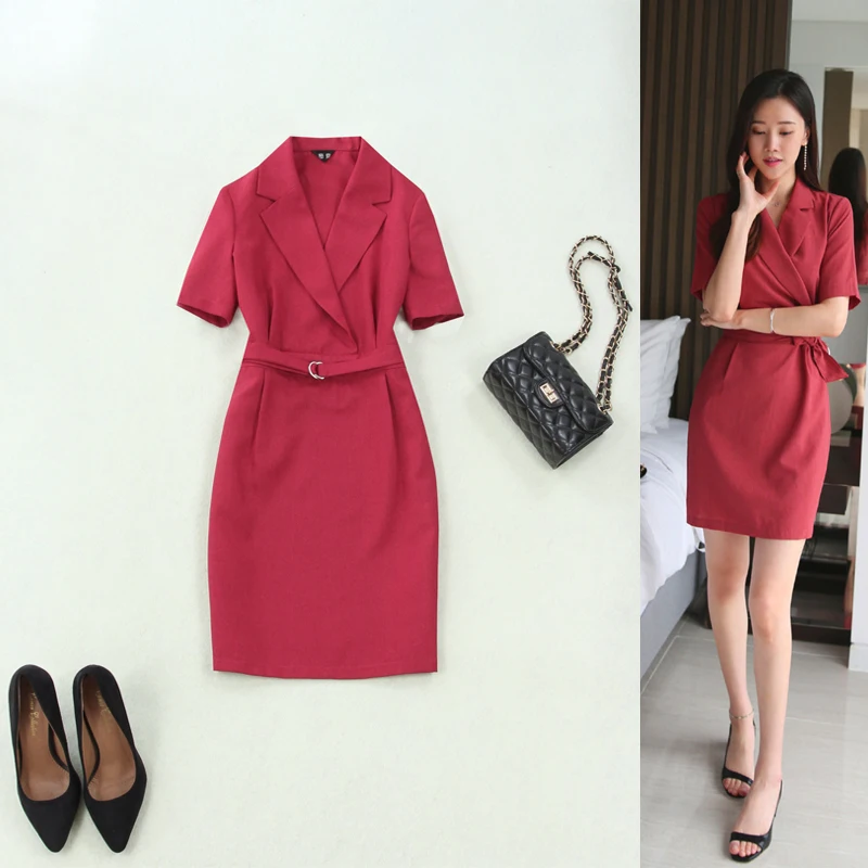 

Dress women's new style spring and summer solid color large size breathable slim wine red bag hip thin section half sleeve dress