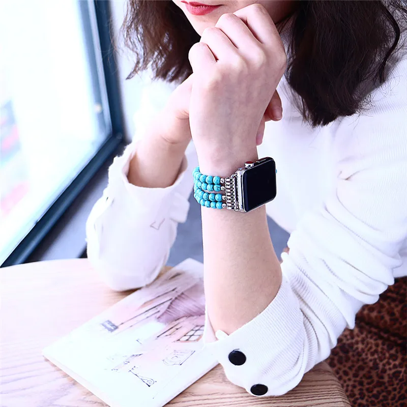 Модные бирюзовые часы Apple для iwatch, женские часы с натуральным камнем, ремешок 38 мм, 42 мм, эластичные сменные часы, браслет