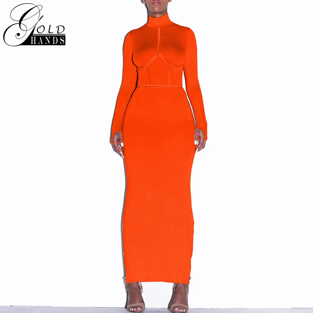 Платье золотистого цвета с длинным рукавом облегающее Хлопковое платье длиной